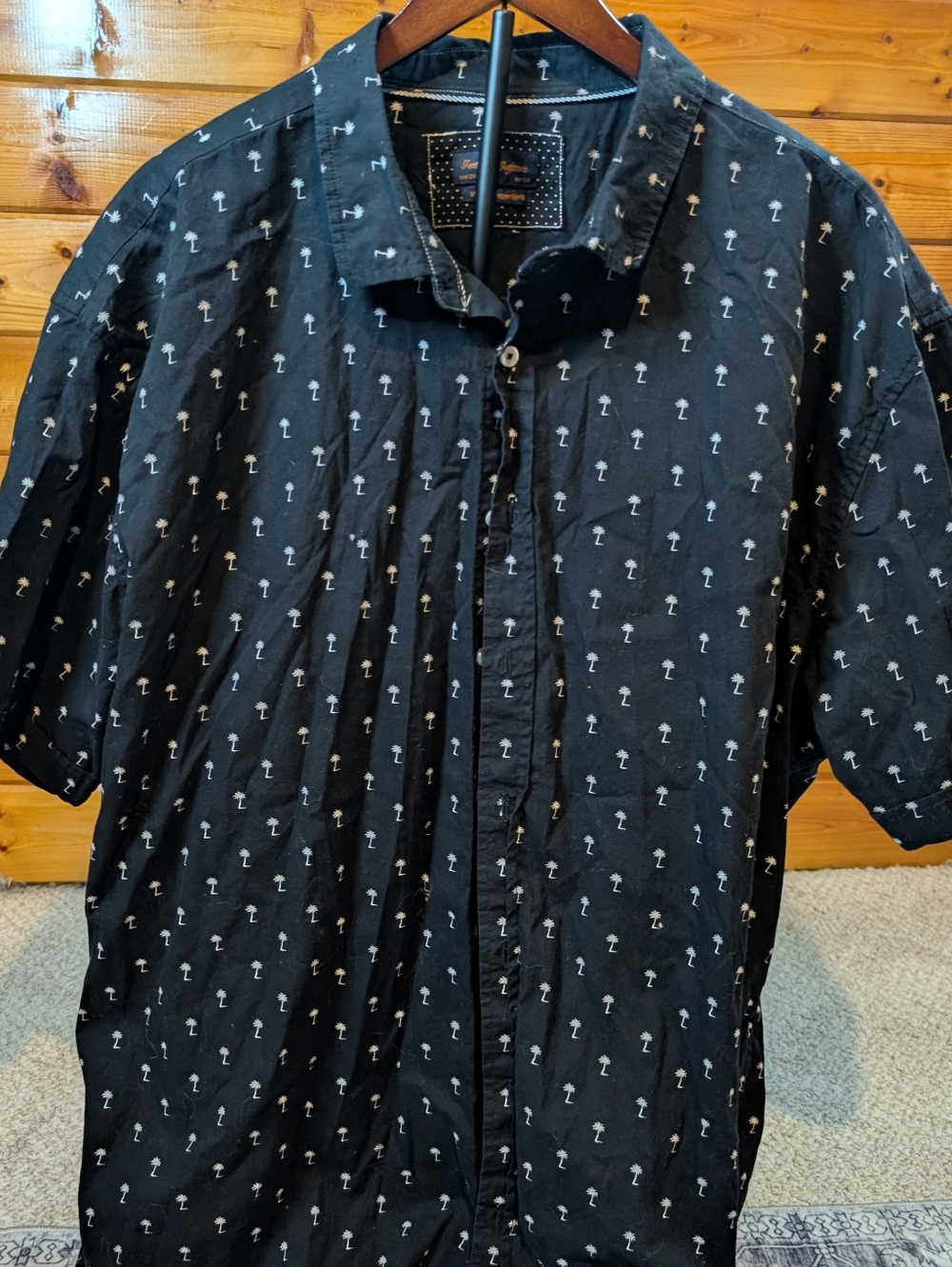 Black Short Sleeve Button-Up Shirt with Small White Palm Print